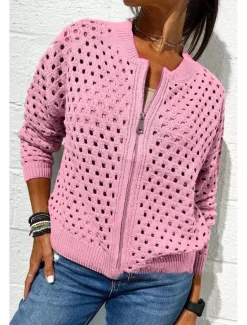 Clearance Women's Blouse Plain Basic Modern Long Sleeve Crew Neck Regular Tops Daily Holiday Going out Zipper Black White Pink Wine Army Green Summer Women Jackets