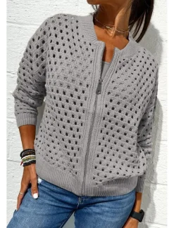 Clearance Women's Blouse Plain Basic Modern Long Sleeve Crew Neck Regular Tops Daily Holiday Going out Zipper Black White Pink Wine Army Green Summer Women Jackets