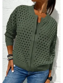 Clearance Women's Blouse Plain Basic Modern Long Sleeve Crew Neck Regular Tops Daily Holiday Going out Zipper Black White Pink Wine Army Green Summer Women Jackets
