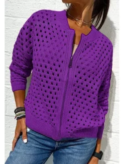 Clearance Women's Blouse Plain Basic Modern Long Sleeve Crew Neck Regular Tops Daily Holiday Going out Zipper Black White Pink Wine Army Green Summer Women Jackets