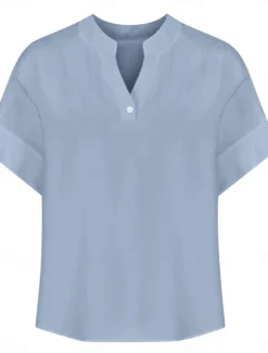 Online Women's Blouse Plain Basic Casual Short Sleeve Notched Neck Regular Tops Daily Buttons Pocket Red Blue Purple Beige Summer Spring Women Shirts