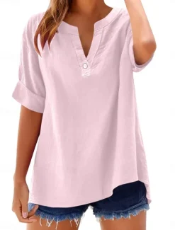 Online Women's Blouse Plain Basic Casual Short Sleeve Notched Neck Regular Tops Daily Buttons Pocket Red Blue Purple Beige Summer Spring Women Shirts