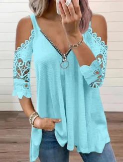 Best Women's Blouse Plain Modern Casual 3/4 Length Sleeve V Neck Regular Tops Daily Going out Zipper Cut Out Black White Pink Blue Gray Summer Women Blouses & Shirts