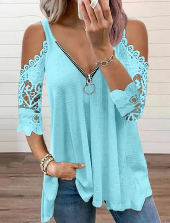 Best Women's Blouse Plain Modern Casual 3/4 Length Sleeve V Neck Regular Tops Daily Going out Zipper Cut Out Black White Pink Blue Gray Summer Women Blouses & Shirts