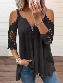 Best Women's Blouse Plain Modern Casual 3/4 Length Sleeve V Neck Regular Tops Daily Going out Zipper Cut Out Black White Pink Blue Gray Summer Women Blouses & Shirts