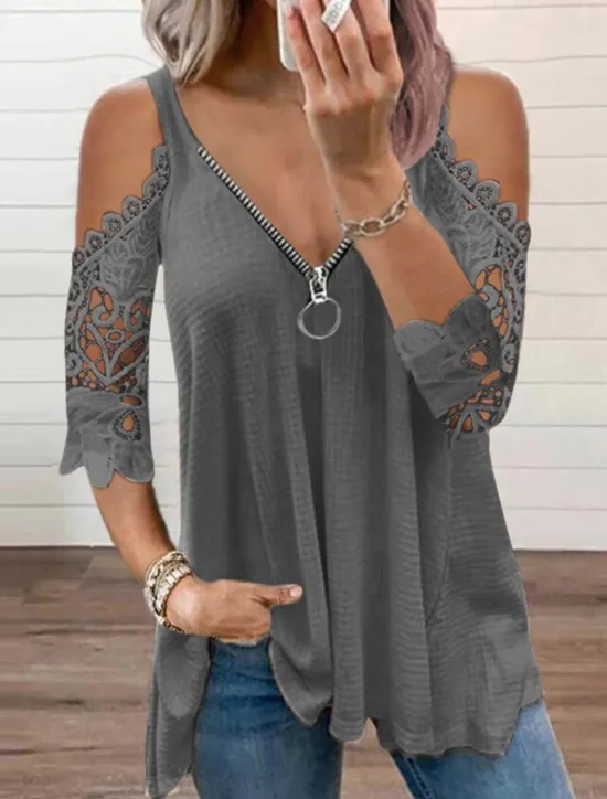 Best Women's Blouse Plain Modern Casual 3/4 Length Sleeve V Neck Regular Tops Daily Going out Zipper Cut Out Black White Pink Blue Gray Summer Women Blouses & Shirts
