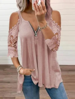 Best Women's Blouse Plain Modern Casual 3/4 Length Sleeve V Neck Regular Tops Daily Going out Zipper Cut Out Black White Pink Blue Gray Summer Women Blouses & Shirts