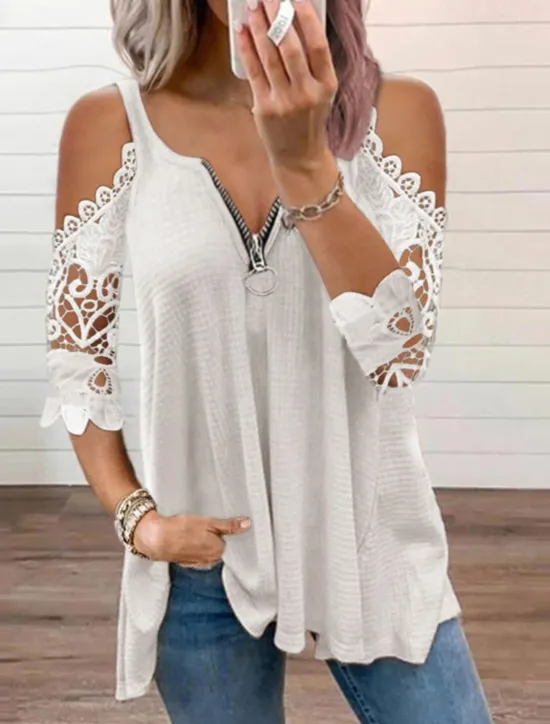 Best Women's Blouse Plain Modern Casual 3/4 Length Sleeve V Neck Regular Tops Daily Going out Zipper Cut Out Black White Pink Blue Gray Summer Women Blouses & Shirts