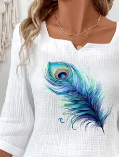 New Women's Blouse Print Elegant Bohemia 3/4 Length Sleeve Notched Neck Regular Tops Daily Linen Like Going out Print Summer Women Shirts