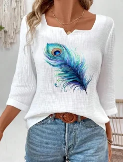 New Women's Blouse Print Elegant Bohemia 3/4 Length Sleeve Notched Neck Regular Tops Daily Linen Like Going out Print Summer Women Shirts