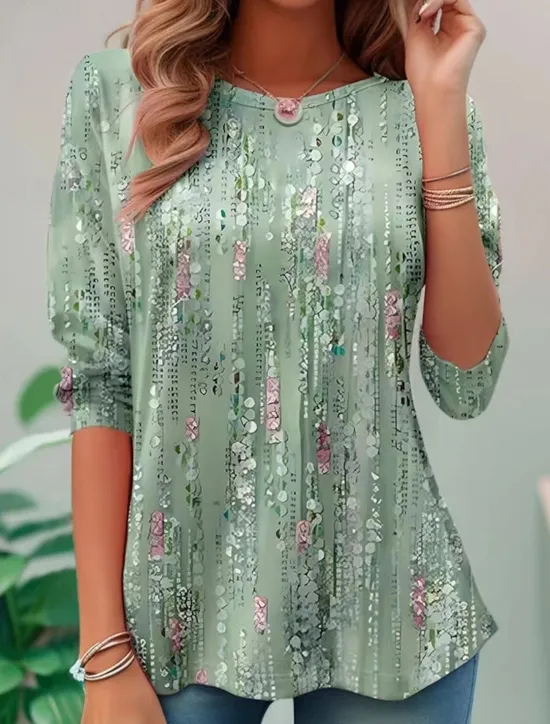 Discount Women's Blouse Sequin Floral Print Three-Quarter Sleeve Keyhole Neckline Elastic Cuffs Loose Fit Golden Yellow Spring Summer Elegant Day to Evening Wear Versatile Top Women Boho Tops