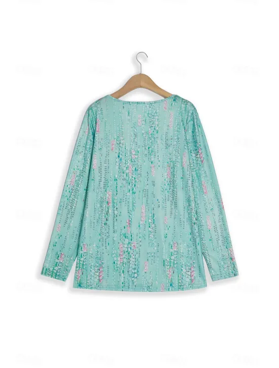 Discount Women's Blouse Sequin Floral Print Three-Quarter Sleeve Keyhole Neckline Elastic Cuffs Loose Fit Golden Yellow Spring Summer Elegant Day to Evening Wear Versatile Top Women Boho Tops