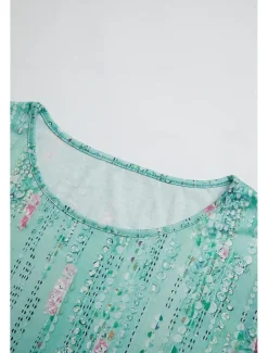 Discount Women's Blouse Sequin Floral Print Three-Quarter Sleeve Keyhole Neckline Elastic Cuffs Loose Fit Golden Yellow Spring Summer Elegant Day to Evening Wear Versatile Top Women Boho Tops