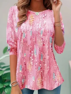 Discount Women's Blouse Sequin Floral Print Three-Quarter Sleeve Keyhole Neckline Elastic Cuffs Loose Fit Golden Yellow Spring Summer Elegant Day to Evening Wear Versatile Top Women Boho Tops