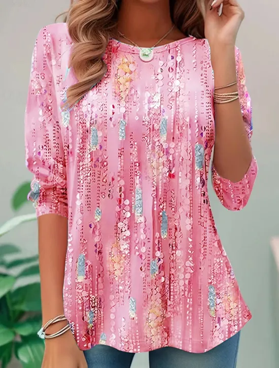 Discount Women's Blouse Sequin Floral Print Three-Quarter Sleeve Keyhole Neckline Elastic Cuffs Loose Fit Golden Yellow Spring Summer Elegant Day to Evening Wear Versatile Top Women Boho Tops