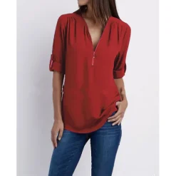 Best Women's Blouse Shirt Zipper Basic Plain Daily V Neck T-shirt Sleeve Regular Summer White Black Pink Grey Dark Blue Women Blouses & Shirts