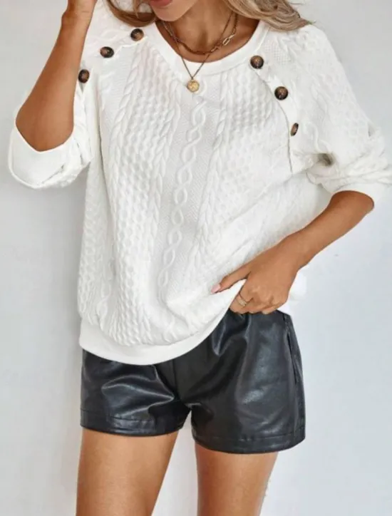 New Women's Blouse Solid Color Stylish Casual Long Sleeve Crew Neck Regular Tops Daily Pocket Buttons Summer Spring Women Pullovers & Tops