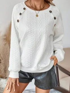 New Women's Blouse Solid Color Stylish Casual Long Sleeve Crew Neck Regular Tops Daily Pocket Buttons Summer Spring Women Pullovers & Tops