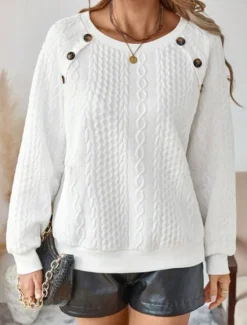 New Women's Blouse Solid Color Stylish Casual Long Sleeve Crew Neck Regular Tops Daily Pocket Buttons Summer Spring Women Pullovers & Tops