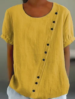 Best Women's Blouse Solid Color Elegant Casual Short Sleeve Crew Neck Regular Tops Daily Holiday Buttons Yellow Pink Blue Summer Women Shirts