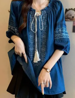 Sale Women's Blouse Solid Color Vintage Ethnic Casual 3/4 Length Sleeve Crew Neck Regular Tops Daily Ruched Embroidered Print Summer Women Shirts
