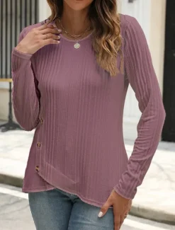 Outlet Women's Blouse Solid Color Stylish Casual Long Sleeve Crew Neck Regular Tops Daily Buttons Black White Blue Purple Orange Summer Spring Fall Women T-Shirts