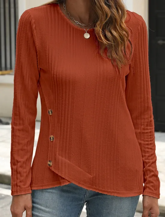 Outlet Women's Blouse Solid Color Stylish Casual Long Sleeve Crew Neck Regular Tops Daily Buttons Black White Blue Purple Orange Summer Spring Fall Women T-Shirts