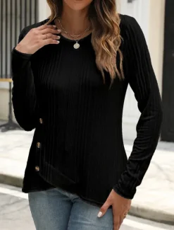 Outlet Women's Blouse Solid Color Stylish Casual Long Sleeve Crew Neck Regular Tops Daily Buttons Black White Blue Purple Orange Summer Spring Fall Women T-Shirts