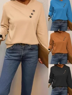 New Women's Blouse Solid Color Elegant Vintage Tropical Long Sleeve V Neck Regular Tops Work Daily Holiday Asymmetric dark brown Black Blue Apricot Spring Fall Women Hoodies & Sweatshirts