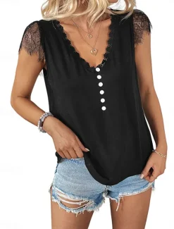 Outlet Women's Blouse Solid Color Elegant Stylish Casual Short Sleeve V Neck Vacation Party Daily Summer Spring Women Lace Tops