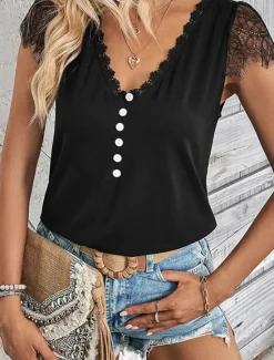 Outlet Women's Blouse Solid Color Elegant Stylish Casual Short Sleeve V Neck Vacation Party Daily Summer Spring Women Lace Tops