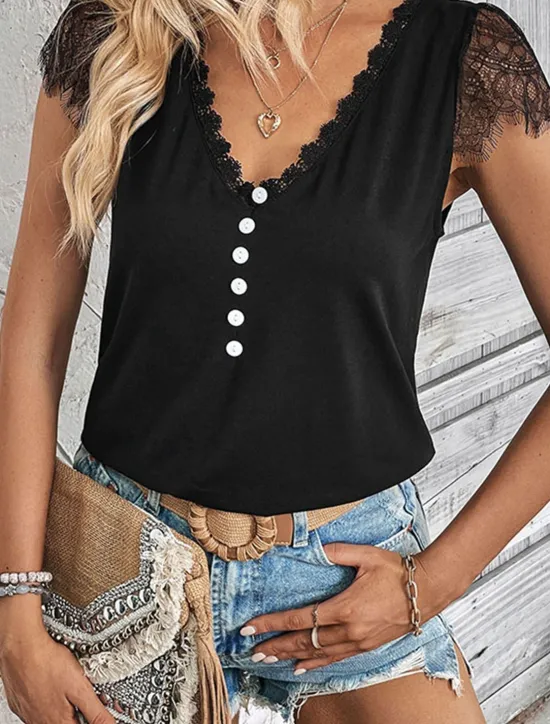 Outlet Women's Blouse Solid Color Elegant Stylish Casual Short Sleeve V Neck Vacation Party Daily Summer Spring Women Lace Tops