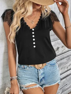 Outlet Women's Blouse Solid Color Elegant Stylish Casual Short Sleeve V Neck Vacation Party Daily Summer Spring Women Lace Tops