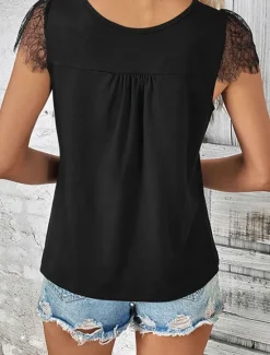 Outlet Women's Blouse Solid Color Elegant Stylish Casual Short Sleeve V Neck Vacation Party Daily Summer Spring Women Lace Tops