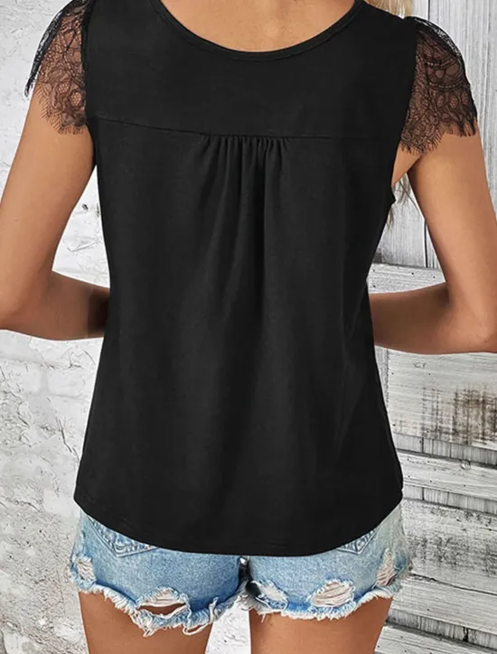 Outlet Women's Blouse Solid Color Elegant Stylish Casual Short Sleeve V Neck Vacation Party Daily Summer Spring Women Lace Tops