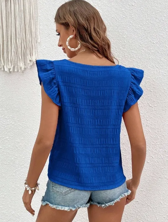 Best Women's Blouse Solid Color Daily Ladies Stylish Short Sleeve Square Neck Regular Tops Daily Holiday Going out Ruffle Patchwork Black White Pink Red Blue Summer Spring Women Blouses & Shirts
