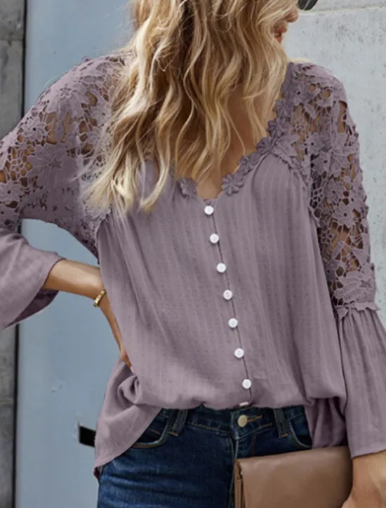 Best Women's Blouse Solid Color Stylish Casual Long Sleeve V Neck Regular Tops Daily Buttons Black White Red Purple Green Summer Spring Women Lace Tops