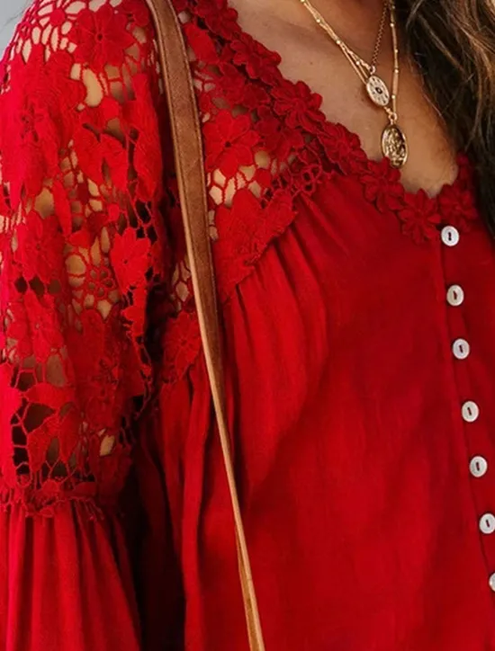 Best Women's Blouse Solid Color Stylish Casual Long Sleeve V Neck Regular Tops Daily Buttons Black White Red Purple Green Summer Spring Women Lace Tops