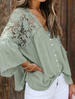 Best Women's Blouse Solid Color Stylish Casual Long Sleeve V Neck Regular Tops Daily Buttons Black White Red Purple Green Summer Spring Women Lace Tops
