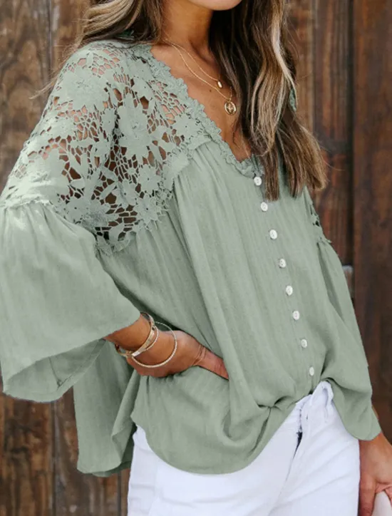 Best Women's Blouse Solid Color Stylish Casual Long Sleeve V Neck Regular Tops Daily Buttons Black White Red Purple Green Summer Spring Women Lace Tops