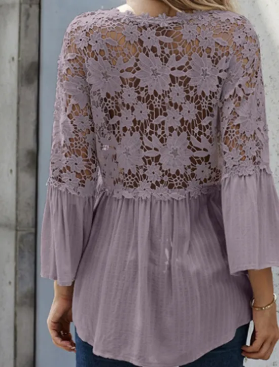 Best Women's Blouse Solid Color Stylish Casual Long Sleeve V Neck Regular Tops Daily Buttons Black White Red Purple Green Summer Spring Women Lace Tops