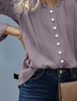 Best Women's Blouse Solid Color Stylish Casual Long Sleeve V Neck Regular Tops Daily Buttons Black White Red Purple Green Summer Spring Women Lace Tops