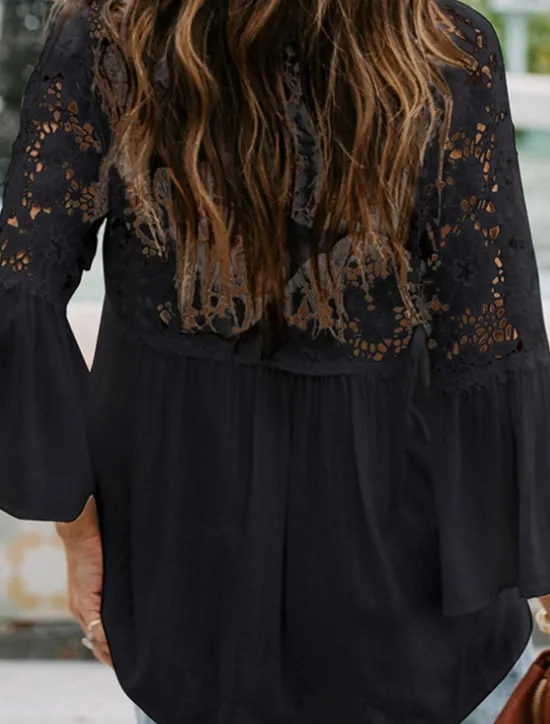 Best Women's Blouse Solid Color Stylish Casual Long Sleeve V Neck Regular Tops Daily Buttons Black White Red Purple Green Summer Spring Women Lace Tops