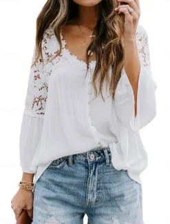 Best Women's Blouse Solid Color Stylish Casual Long Sleeve V Neck Regular Tops Daily Buttons Black White Red Purple Green Summer Spring Women Lace Tops