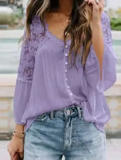 Best Women's Blouse Solid Color Stylish Casual Long Sleeve V Neck Regular Tops Daily Buttons Black White Red Purple Green Summer Spring Women Lace Tops