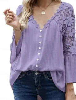 Best Women's Blouse Solid Color Stylish Casual Long Sleeve V Neck Regular Tops Daily Buttons Black White Red Purple Green Summer Spring Women Lace Tops