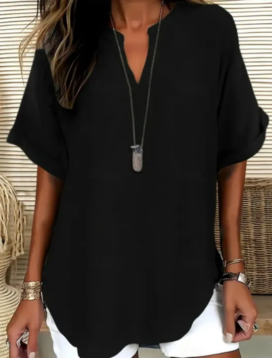 New Women's Blouse Solid Color Stylish Casual Short Sleeve V Neck Regular Tops Daily Black Army Green Blue Summer Women Blouses & Shirts