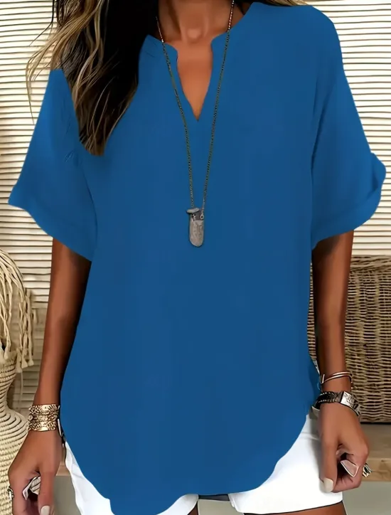New Women's Blouse Solid Color Stylish Casual Short Sleeve V Neck Regular Tops Daily Black Army Green Blue Summer Women Blouses & Shirts
