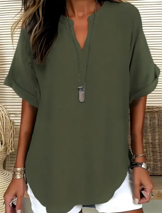 New Women's Blouse Solid Color Stylish Casual Short Sleeve V Neck Regular Tops Daily Black Army Green Blue Summer Women Blouses & Shirts