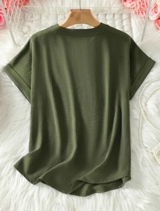 New Women's Blouse Solid Color Stylish Casual Short Sleeve V Neck Regular Tops Daily Black Army Green Blue Summer Women Blouses & Shirts
